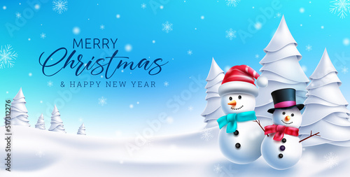 Christmas winter vector design. Merry christmas greeting text with snow man characters in winter wonder land background for holiday season celebration. Vector illustration.
