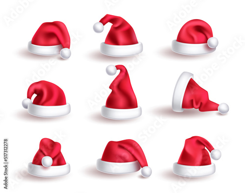 Santa hat vector set design. Santa claus 3d christmas cap elements collection for xmas winter wear head dress decoration. Vector illustration.
