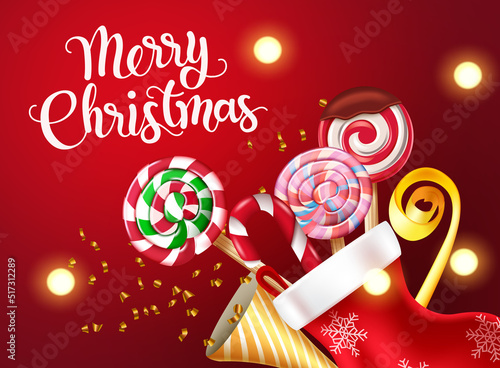 Merry christmas vector background design. Merry christmas greeting text with santa sack and sweet elements line lollipop and candy cane for holiday season. Vector illustration.
