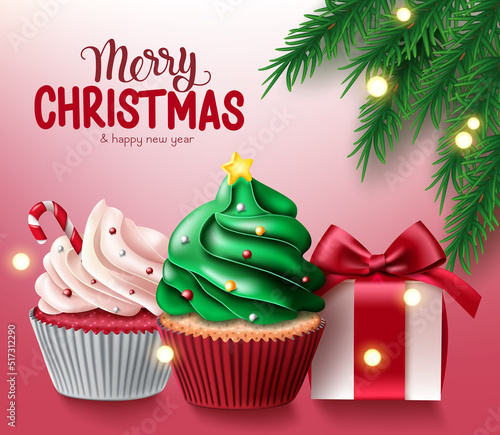 Merry christmas vector background design. Merry christmas greeting text with cup cake and gift elements for xmas holiday season decoration. Vector illustration. 