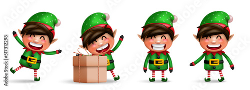 Elf christmas characters vector set. Elves 3d kids character in friendly and cute faces standing and isolated in white background for xmas collection design. Vector illustration. 