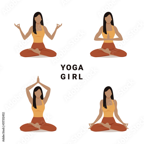 Set of faceless young woman in lotus position demonstrating four yoga poses. Vector illustration in flat style