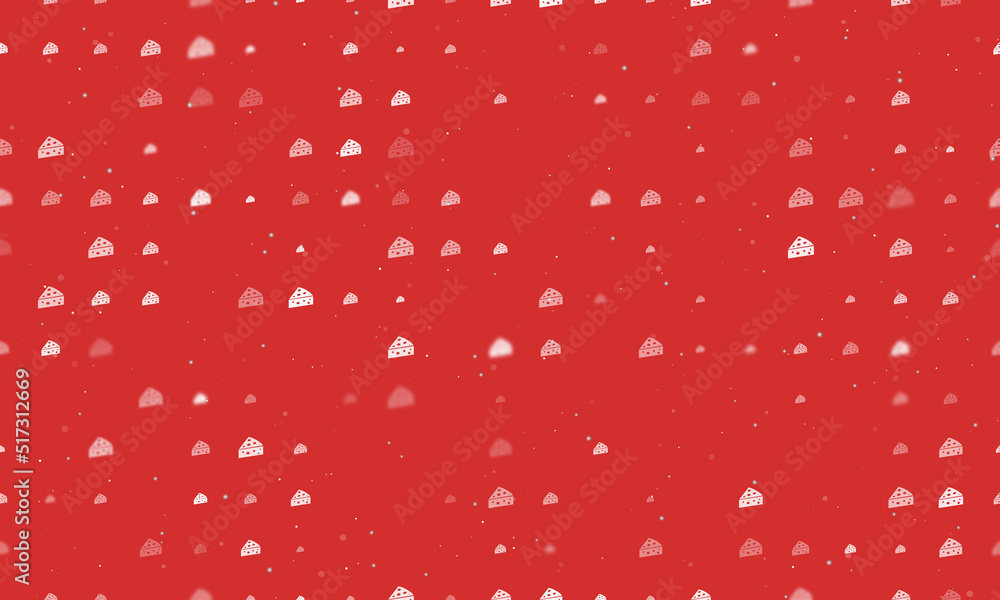 Seamless background pattern of evenly spaced white cheese symbols of different sizes and opacity. Vector illustration on red background with stars