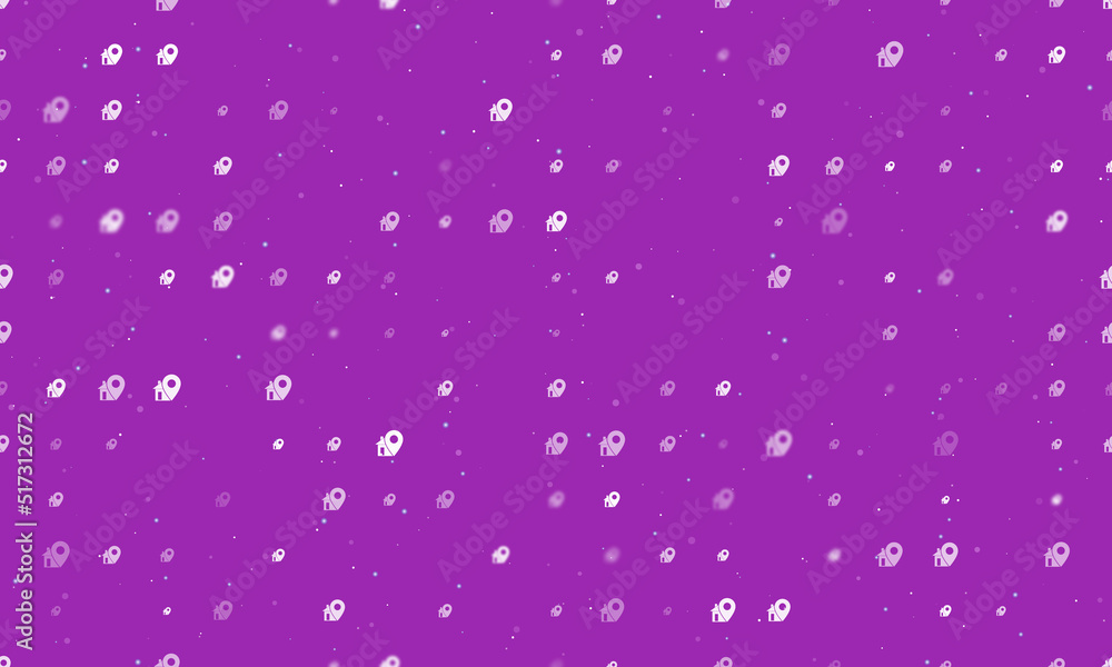 Seamless background pattern of evenly spaced white real estate location symbols of different sizes and opacity. Vector illustration on purple background with stars