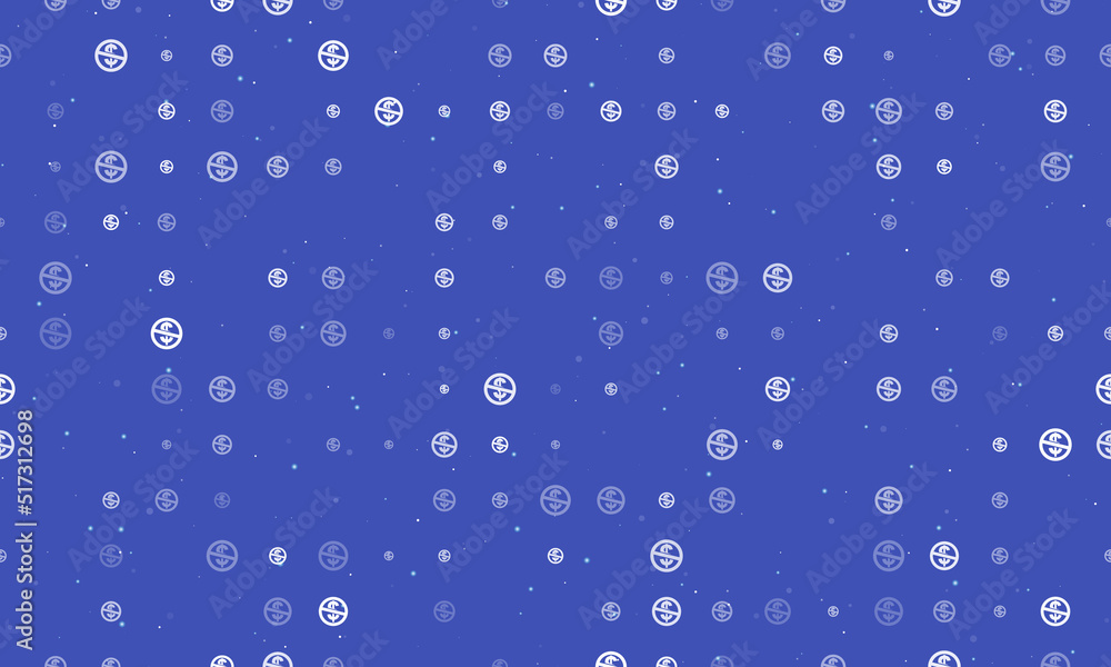 Seamless background pattern of evenly spaced white no dollar symbols of different sizes and opacity. Vector illustration on indigo background with stars Seamless background pattern of evenly spaced white no dollar symbols of different sizes and opacity. Vector illustration on indigo background with stars