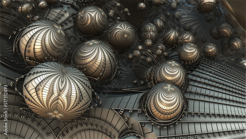 Abstract background 3D, fantastic ancient civilization architecture, dark gold metallic spheres, 3D render illustration.