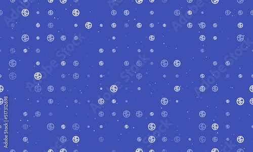 Seamless background pattern of evenly spaced white no dollar symbols of different sizes and opacity. Vector illustration on indigo background with stars