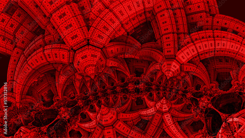 Alien construction and structures, red abstract fantastic shapes of ancient civilization architecture and structures, fictional sci fi background, 3D render illustration.