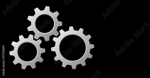 Silver gears and cogs on black, cooperation concept technology background with copy space, 3D vector illustration