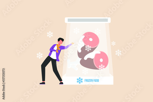 Meat must go in the freezer room. Frozen food. Packaging mark concept. Flat vector illustration isolated.