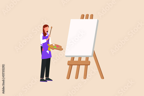 happy woman holding paintbrush and palette with colorful paints near blank canvas. Modern woman concept. Colored flat vector illustration isolated.