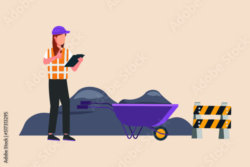 Woman architect with hard hat, checking note and showing thumbs up at construction site. Modern woman concept. Colored flat vector illustration isolated.