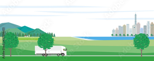 郊外から都会への道路を走るウイングトラックのイラスト