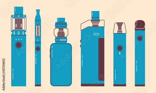 Vape colorful set. Electronic cigarettes and vape set. Modern vector illustration. Variety of designs vape pens and pod mods. Flat vector design for web.