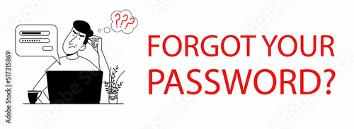 The man forgot her personal details. People scratches his head. web splash concept with forgotten password, account protection. Vector illustration in black and white in doodle style.
