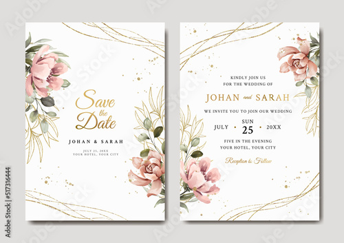 Wedding invitation template with peony and gold leaves