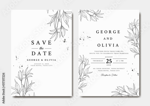 Elegant wedding invitation template with line art leaves