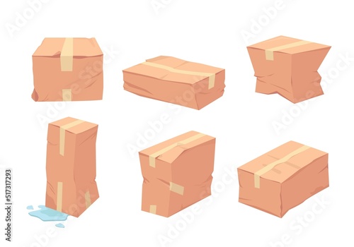 Damaged box. crush containers poor quality cardboard packages delivery problems. Vector pictures set isolated