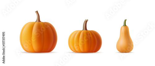 Vector set of 3D realistic pumpkins of various shapes and varieties on an isolated background. Volumetric squash, gourd template with shadow for Halloween party banner. Autumn vegetable illustration photo