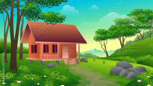 Wooden house on hill with green fields, trees and beautiful natural views