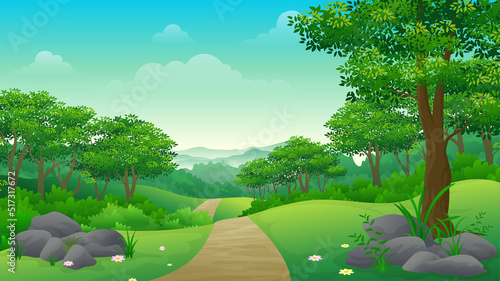 Beautiful rural landscape with footpath in the middle green hill