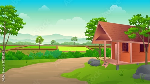 Traditional house on the edge of rice fields with beautiful natural views