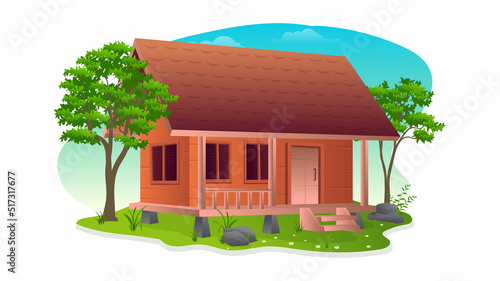 Beautiful Indonesian Traditional village house cartoon illustration 