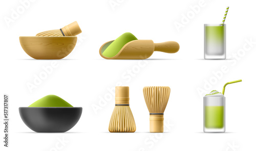 Icons of Japanese traditional matcha organic green tea powder. Vector 3D bamboo cooking set template. Cappuccino and latte with vegetable milk. Whisk for whisking, bowl, wooden utensils. Healthy drink