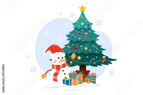 Christmas Tree With Snowman Illustration concept. Flat illustration isolated on white background