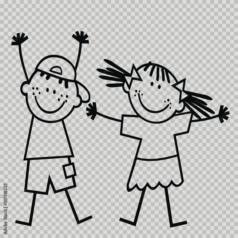 Two children, boy and girl, black outline, line art, transparent background, vector illustration Two children, boy and girl, black outline, line art, transparent background, vector illustration