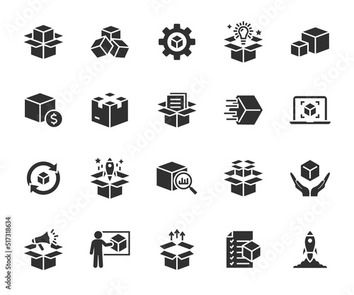 Vector set of abstract product flat icons. Contains icons product release, module, presentation, product development, packaging, cost, product launch and more. Pixel perfect.