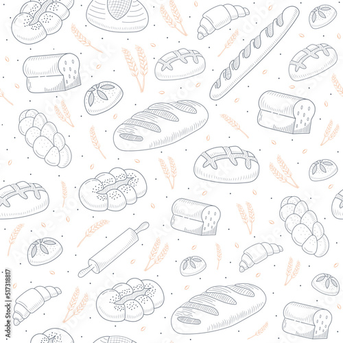 Seamless pattern for bakery shop, cafe, cupcake shop - packaging design wrapping paper with linear icons of bread