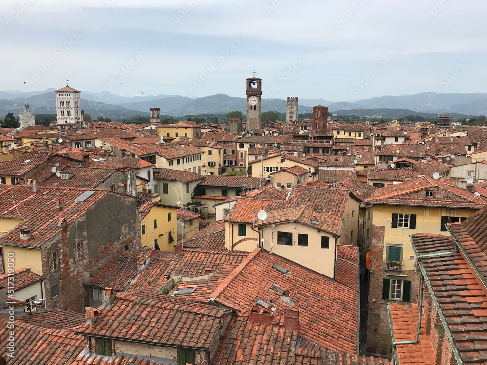 Elevated view over terracotta tiled rooftops