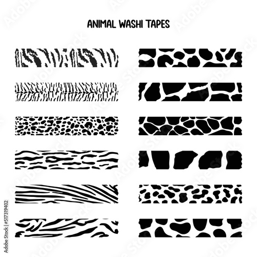 Set of vector black animal print pattern seamless washi tapes. Animal skin abstract of bullet journal stickers, planner, scrapbook stickers design.