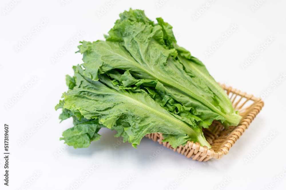 The fresh vegetables in the basket are placed on the white table The fresh vegetables in the basket are placed on the white table