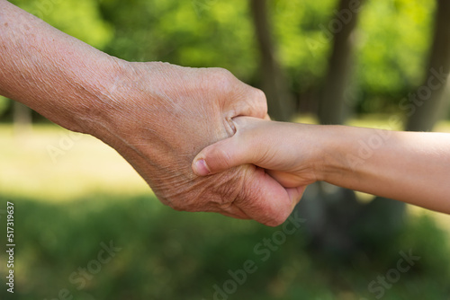 grandmother holding the hand of a child girl on a summer sunny day, Close-up © Natallia