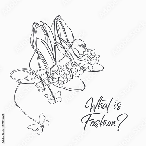 Fashion illustration with elegant vector female shoes, sandals with butterflies
