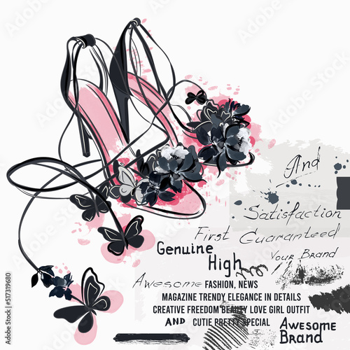 Apparel fashion vector illustration with shoes, sandals with butterflies
