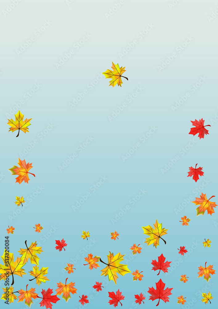 Colorful Leaf Background Blue Vector. Floral Flying Template. Yellow Pattern Plant. September Foliage Frame.