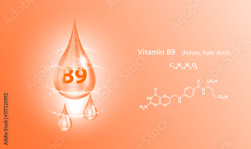 Icon structure vitamin B9 drop water collagen orange. 3D Realistic Vector. Medical and scientific concepts. Beauty treatment nutrition skin care design. Solution complex with Chemical formula nature.