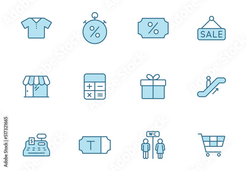 shopping mall line filled icons in two colors isolated on white background. shopping mall blue icon set for web design, ui, mobile apps, print polygraphy and promo business