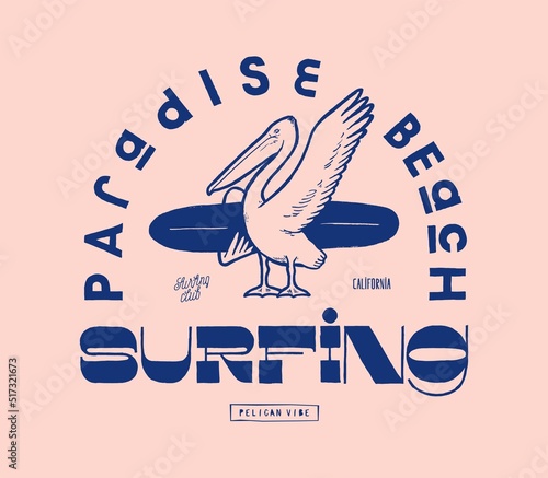 Pelican surfing. Paradise beach surfing tropical bird with a surfboard silkscreen style vintage t-shirt print surfing vector illustration