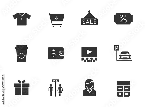 shopping mall glyph icons isolated on white background. shopping mall glyph icon set for web, mobile apps, ui design, print polygraphy and promo advertising business