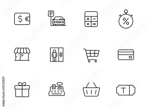 shopping mall outline icons isolated on white background. shopping mall line icons for web and ui design, mobile apps, print polygraphy and promo advertising business