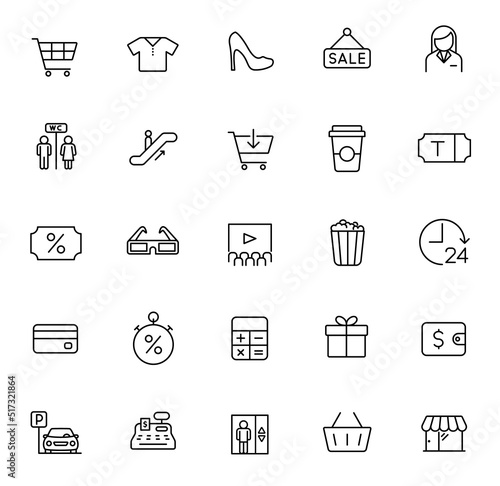 shopping mall outline icons isolated on white background. shopping mall line icons for web and ui design, mobile apps, print polygraphy and promo advertising business
