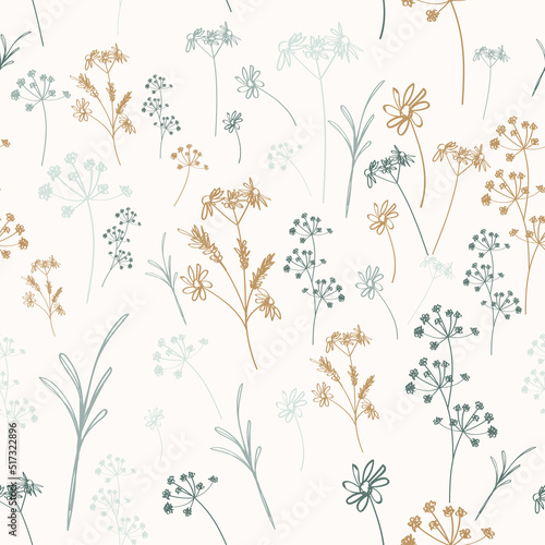 Cute vector pattern with herbs and flowers in hand drawn style