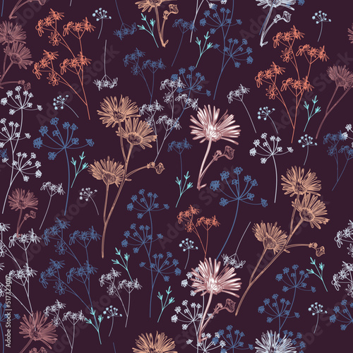 Rustic seamless vector pattern with hand drawn daisy chamomile flowers and herbs