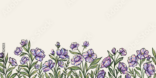 Banner border frame painting flowers and leaves background vector. Wallpaper design with hand draw retro flowers, bouquets, leaf. vintage botanical floral horizontal boder background
