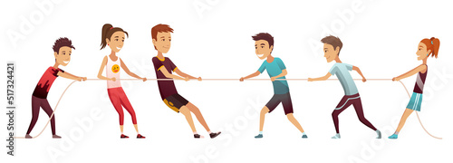 Kids pulling rope. Team game tug of war, children groups competition, happy boys and girls play outdoors, equal and counteracting forces. Team sport or battle