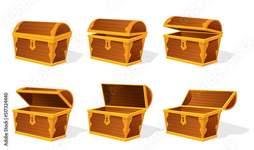 Chest animation. Empty old wooden chest for gold treasure set. Cartoon ancient container for pirates isolated vector icon on white. Game wooden antique box for treasure